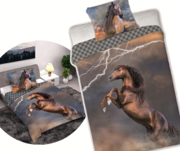 Pościel komplet KOŃ PIORUN Poszewka kołdra 140x200 + Poszewka poduszka 70x90 bawełna FARO Horses003Piorun