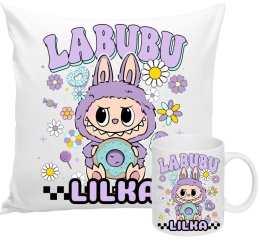 ZESTAW KUBEK I PODUSZKA LABUBU FIOLETOWY + IMIĘ PREZENT URODZINY