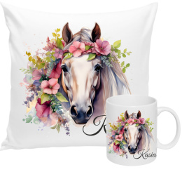 ZESTAW KUBEK I PODUSZKA KOŃ KONIE - PREZENT DLA JEŹDŹCA + IMIĘ wz10 Kasia