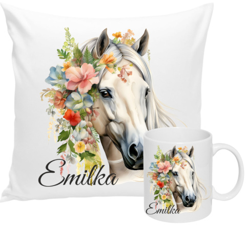 ZESTAW KUBEK I PODUSZKA KOŃ KONIE - PREZENT DLA JEŹDŹCA + IMIĘ wz2 EMILKA