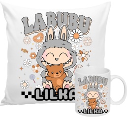 ZESTAW KUBEK I PODUSZKA LABUBU SZARY + IMIĘ PREZENT URODZINY