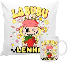 ZESTAW KUBEK I PODUSZKA LABUBU ŻÓŁTY + IMIĘ PREZENT URODZINY