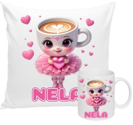 ZESTAW KUBEK I PODUSZKA BALERINA CAPUCINA + IMIĘ PREZENT URODZINY