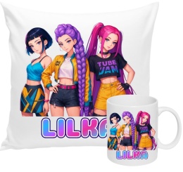 ZESTAW KUBEK I PODUSZKA HUNTRIX K-POP + IMIĘ PREZENT URODZINY